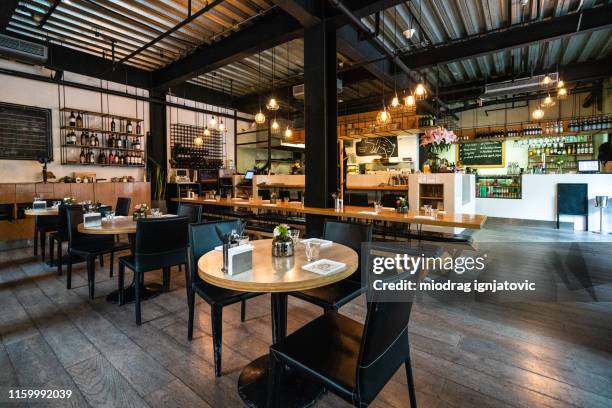 Interior of cozy restaurant for gathering with friends, with tables, chairs, no people